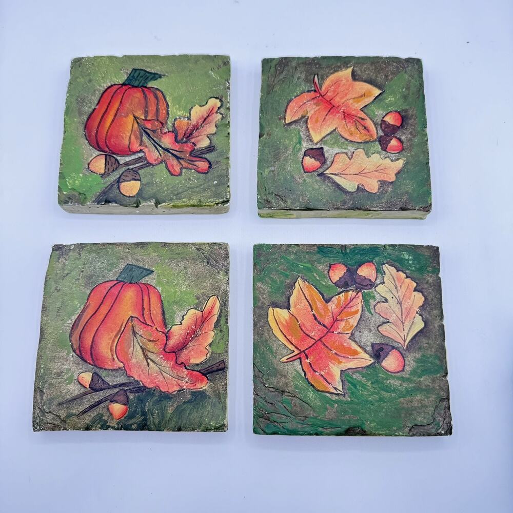 Hand Crafted Decorative Ceramic Tiles 4 Fall Leaves And Pumpkins Wall Hangings